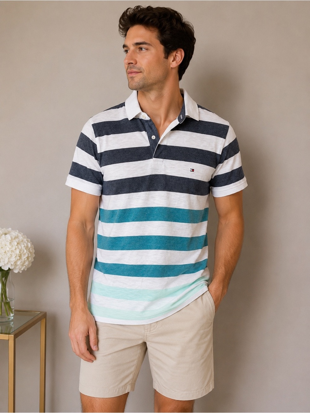 Tommy Hilfiger Men’s Striped Polo - Navy, Teal & White